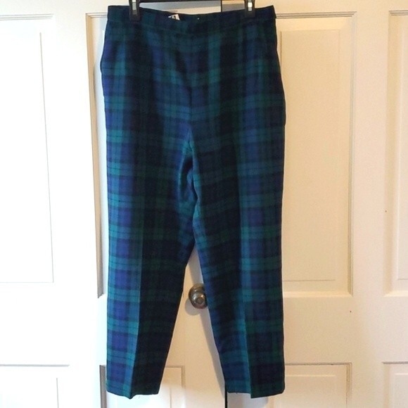 BLACKWATCH TARTAN PLAID WOOL PANTS VINTAGE BLUE GREEN HIGH RISE 34" WAIST - Picture 1 of 10